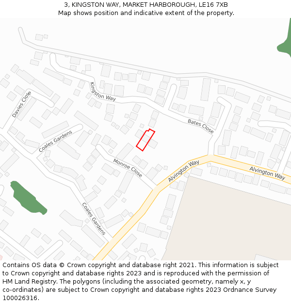 3, KINGSTON WAY, MARKET HARBOROUGH, LE16 7XB: Location map and indicative extent of plot