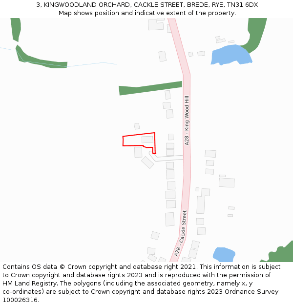 3, KINGWOODLAND ORCHARD, CACKLE STREET, BREDE, RYE, TN31 6DX: Location map and indicative extent of plot