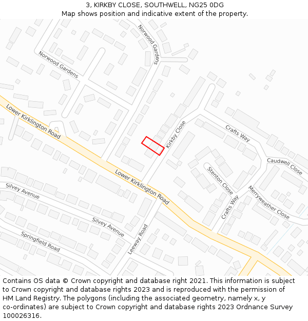 3, KIRKBY CLOSE, SOUTHWELL, NG25 0DG: Location map and indicative extent of plot