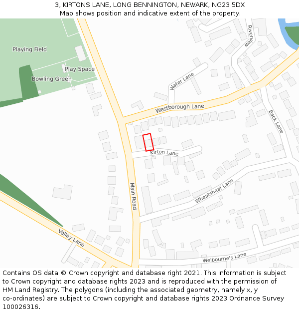 3, KIRTONS LANE, LONG BENNINGTON, NEWARK, NG23 5DX: Location map and indicative extent of plot