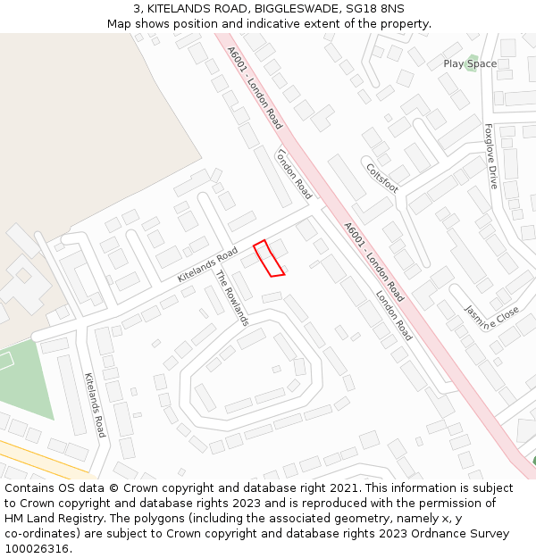 3, KITELANDS ROAD, BIGGLESWADE, SG18 8NS: Location map and indicative extent of plot