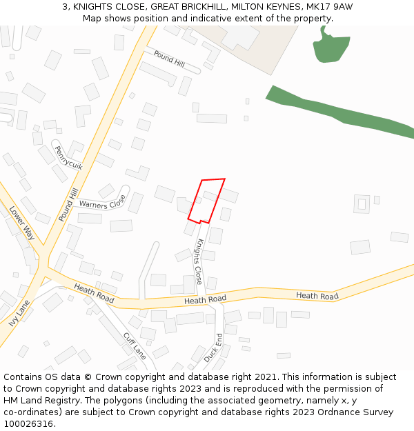 3, KNIGHTS CLOSE, GREAT BRICKHILL, MILTON KEYNES, MK17 9AW: Location map and indicative extent of plot