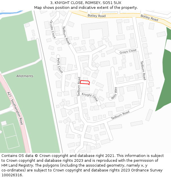 3, KNYGHT CLOSE, ROMSEY, SO51 5UX: Location map and indicative extent of plot