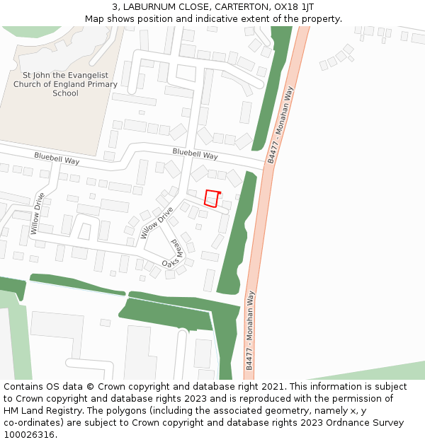 3, LABURNUM CLOSE, CARTERTON, OX18 1JT: Location map and indicative extent of plot