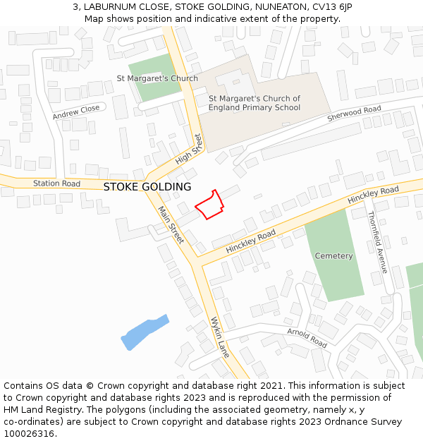 3, LABURNUM CLOSE, STOKE GOLDING, NUNEATON, CV13 6JP: Location map and indicative extent of plot