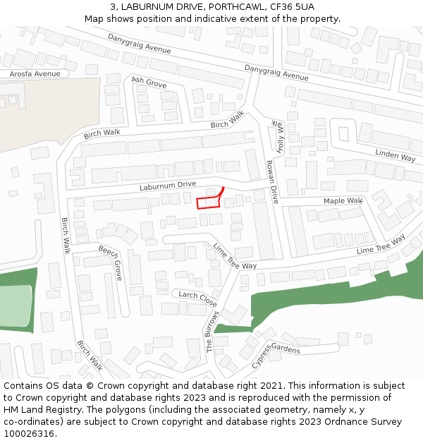 3, LABURNUM DRIVE, PORTHCAWL, CF36 5UA: Location map and indicative extent of plot