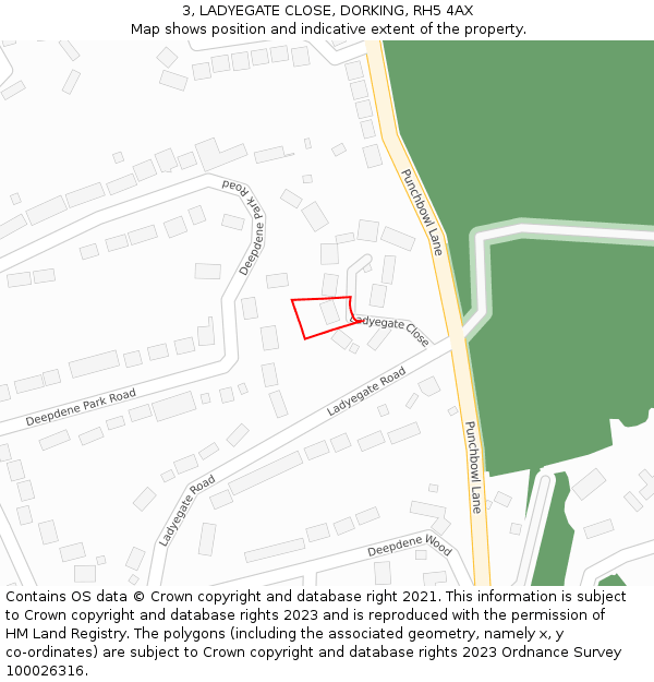 3, LADYEGATE CLOSE, DORKING, RH5 4AX: Location map and indicative extent of plot