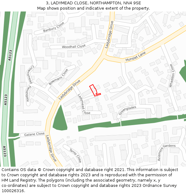 3, LADYMEAD CLOSE, NORTHAMPTON, NN4 9SE: Location map and indicative extent of plot