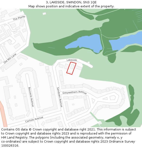 3, LAKESIDE, SWINDON, SN3 1QE: Location map and indicative extent of plot