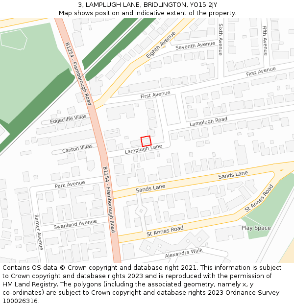 3, LAMPLUGH LANE, BRIDLINGTON, YO15 2JY: Location map and indicative extent of plot