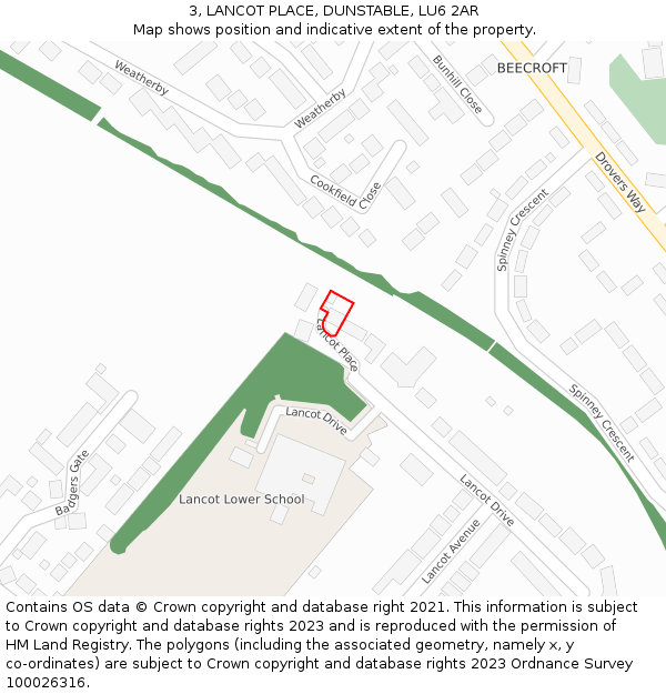 3, LANCOT PLACE, DUNSTABLE, LU6 2AR: Location map and indicative extent of plot