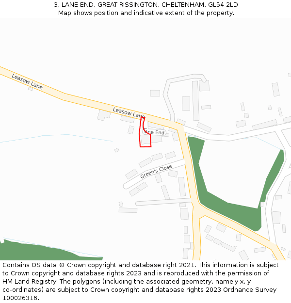 3, LANE END, GREAT RISSINGTON, CHELTENHAM, GL54 2LD: Location map and indicative extent of plot