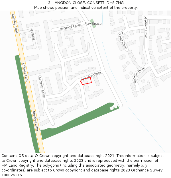 3, LANGDON CLOSE, CONSETT, DH8 7NG: Location map and indicative extent of plot