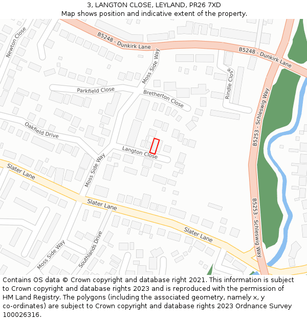 3, LANGTON CLOSE, LEYLAND, PR26 7XD: Location map and indicative extent of plot