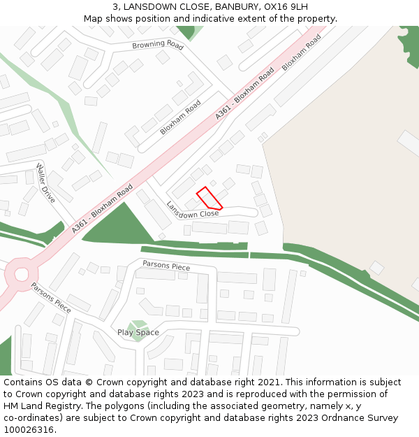 3, LANSDOWN CLOSE, BANBURY, OX16 9LH: Location map and indicative extent of plot