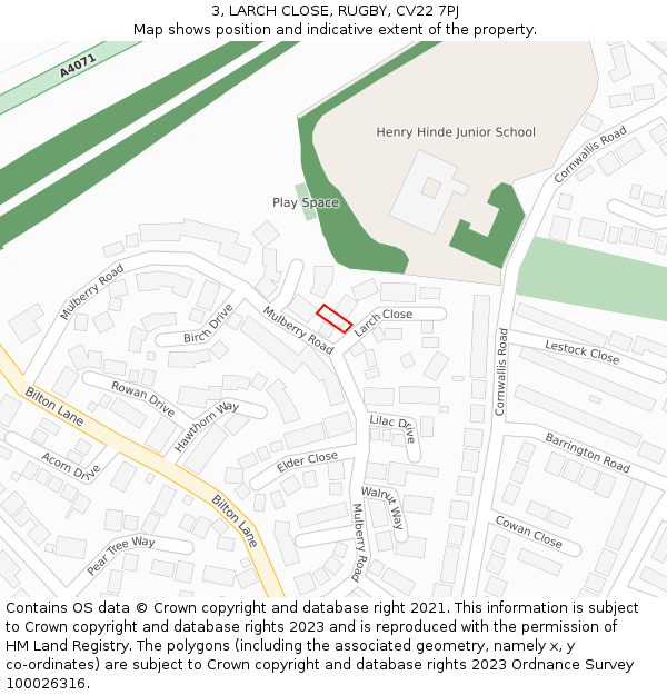 3, LARCH CLOSE, RUGBY, CV22 7PJ: Location map and indicative extent of plot