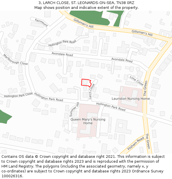 3, LARCH CLOSE, ST. LEONARDS-ON-SEA, TN38 0RZ: Location map and indicative extent of plot