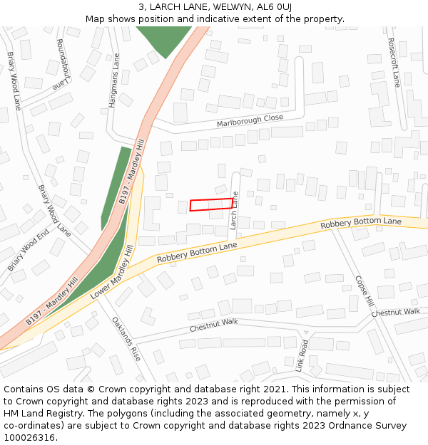 3, LARCH LANE, WELWYN, AL6 0UJ: Location map and indicative extent of plot