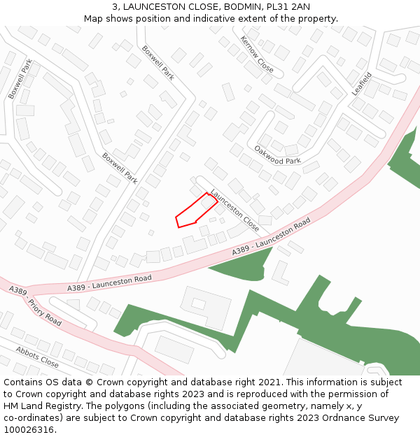3, LAUNCESTON CLOSE, BODMIN, PL31 2AN: Location map and indicative extent of plot