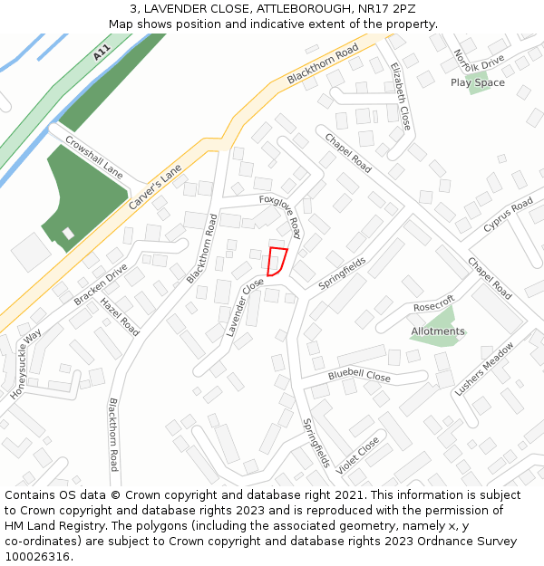 3, LAVENDER CLOSE, ATTLEBOROUGH, NR17 2PZ: Location map and indicative extent of plot