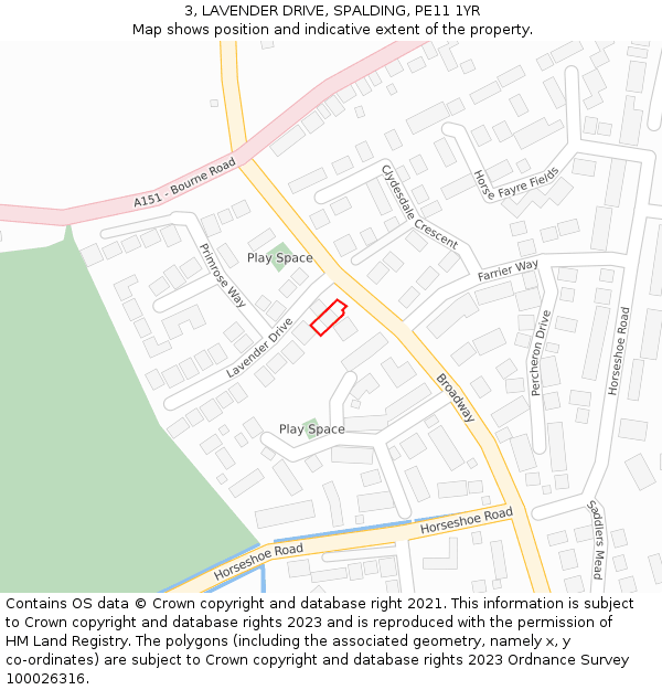 3, LAVENDER DRIVE, SPALDING, PE11 1YR: Location map and indicative extent of plot