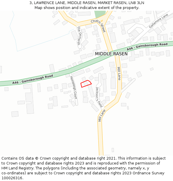 3, LAWRENCE LANE, MIDDLE RASEN, MARKET RASEN, LN8 3LN: Location map and indicative extent of plot