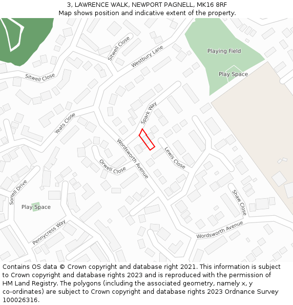 3, LAWRENCE WALK, NEWPORT PAGNELL, MK16 8RF: Location map and indicative extent of plot