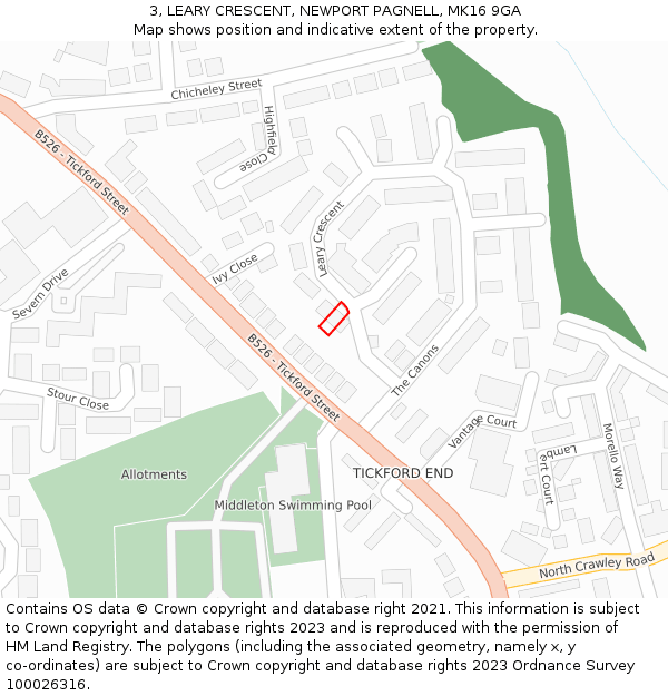 3, LEARY CRESCENT, NEWPORT PAGNELL, MK16 9GA: Location map and indicative extent of plot