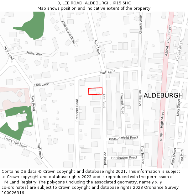 3, LEE ROAD, ALDEBURGH, IP15 5HG: Location map and indicative extent of plot