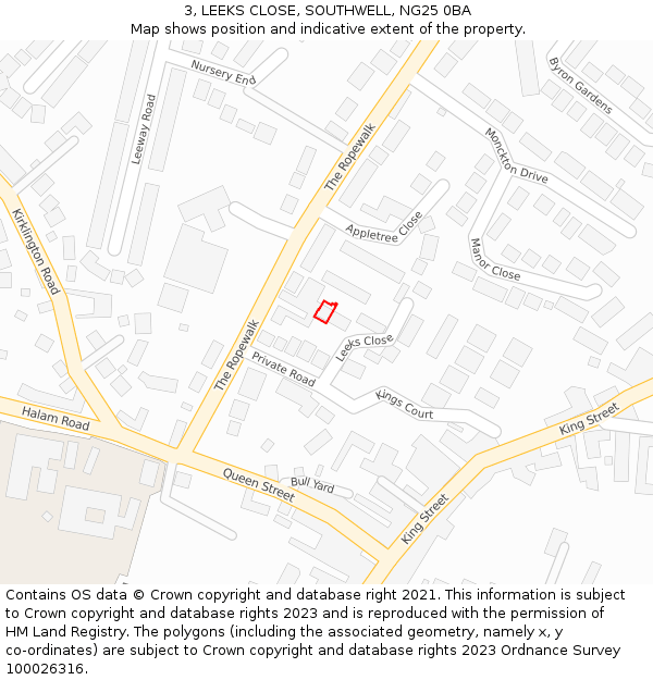 3, LEEKS CLOSE, SOUTHWELL, NG25 0BA: Location map and indicative extent of plot