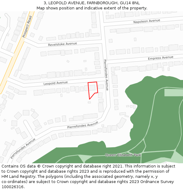 3, LEOPOLD AVENUE, FARNBOROUGH, GU14 8NL: Location map and indicative extent of plot