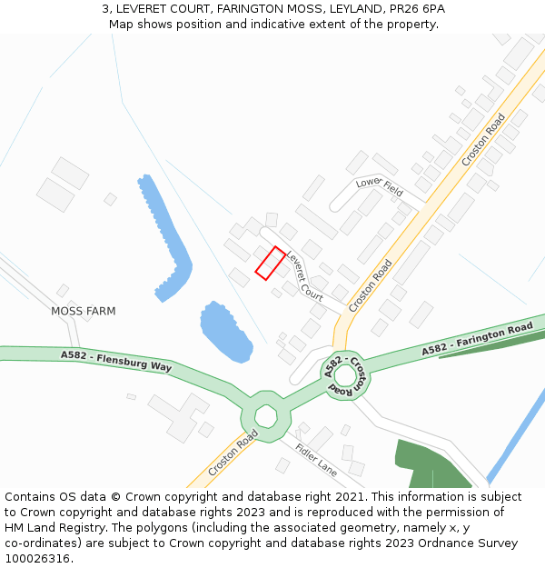 3, LEVERET COURT, FARINGTON MOSS, LEYLAND, PR26 6PA: Location map and indicative extent of plot