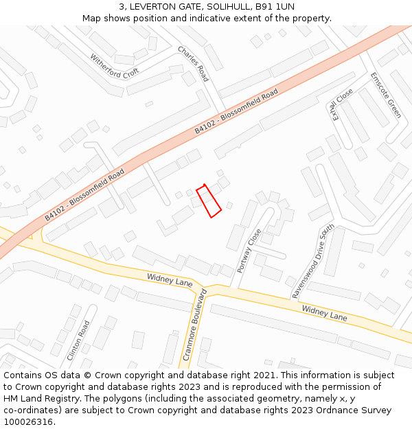 3, LEVERTON GATE, SOLIHULL, B91 1UN: Location map and indicative extent of plot
