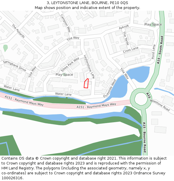 3, LEYTONSTONE LANE, BOURNE, PE10 0QS: Location map and indicative extent of plot