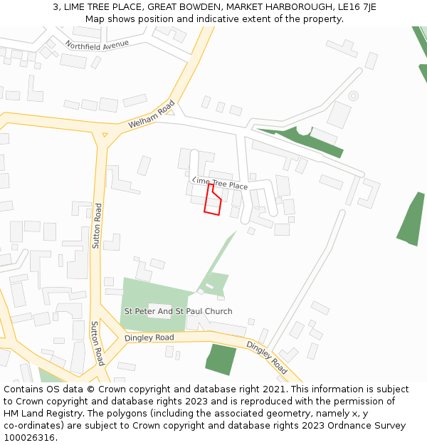 3, LIME TREE PLACE, GREAT BOWDEN, MARKET HARBOROUGH, LE16 7JE: Location map and indicative extent of plot