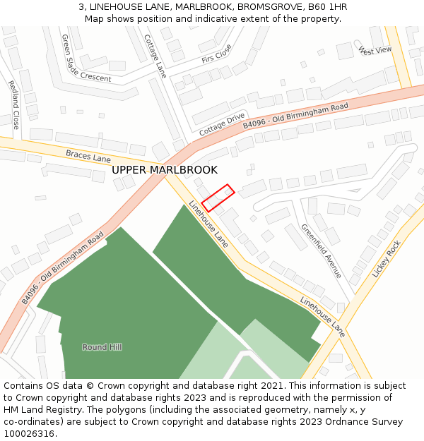 3, LINEHOUSE LANE, MARLBROOK, BROMSGROVE, B60 1HR: Location map and indicative extent of plot