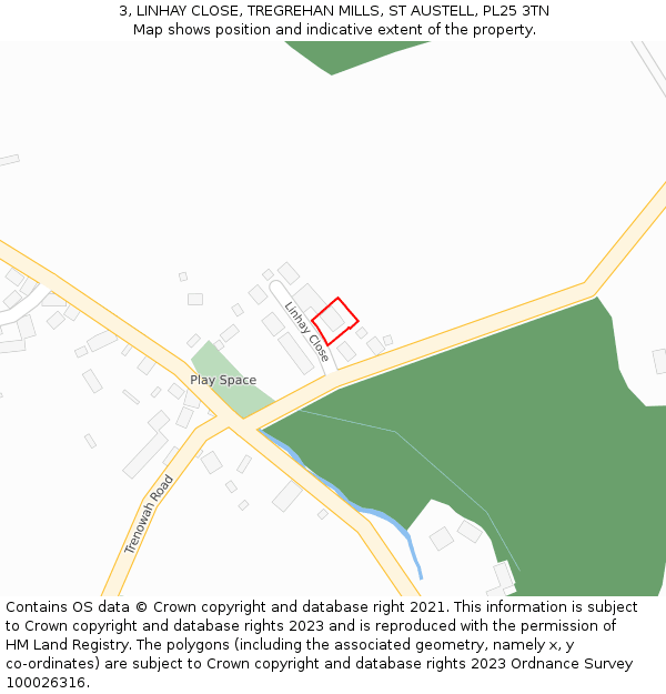 3, LINHAY CLOSE, TREGREHAN MILLS, ST AUSTELL, PL25 3TN: Location map and indicative extent of plot