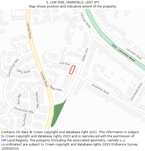 3, LINK RISE, MARKFIELD, LE67 9TY: Location map and indicative extent of plot