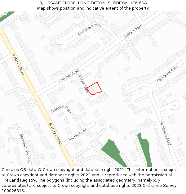 3, LISSANT CLOSE, LONG DITTON, SURBITON, KT6 6SA: Location map and indicative extent of plot