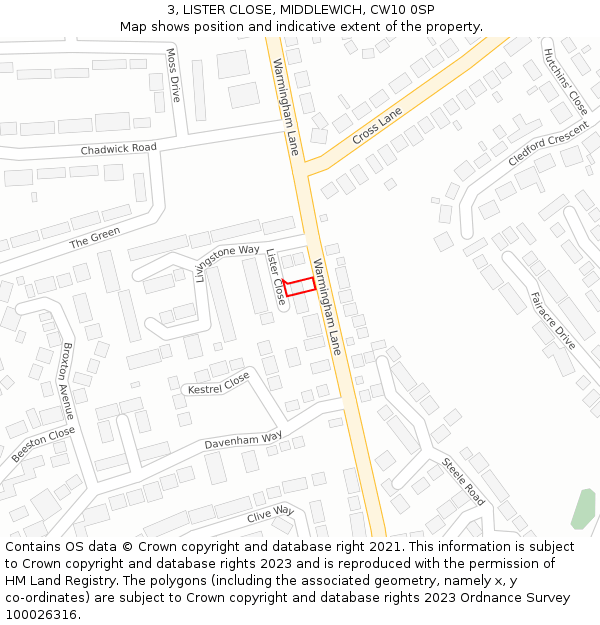 3, LISTER CLOSE, MIDDLEWICH, CW10 0SP: Location map and indicative extent of plot