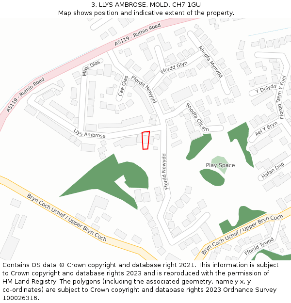 3, LLYS AMBROSE, MOLD, CH7 1GU: Location map and indicative extent of plot