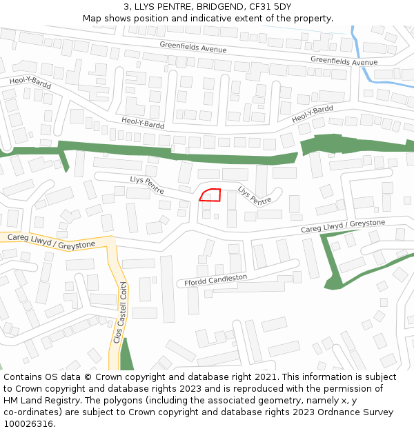 3, LLYS PENTRE, BRIDGEND, CF31 5DY: Location map and indicative extent of plot