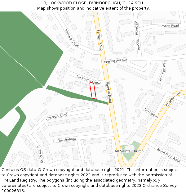 3, LOCKWOOD CLOSE, FARNBOROUGH, GU14 9EH: Location map and indicative extent of plot