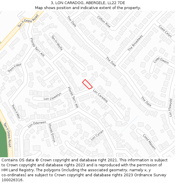 3, LON CARADOG, ABERGELE, LL22 7DE: Location map and indicative extent of plot