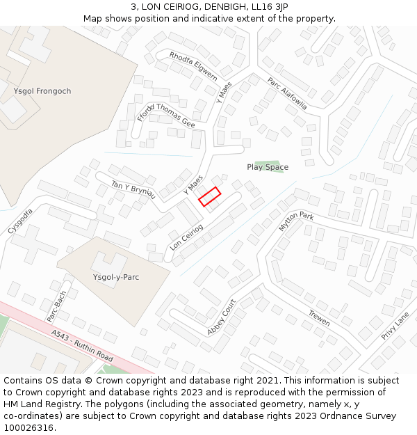 3, LON CEIRIOG, DENBIGH, LL16 3JP: Location map and indicative extent of plot