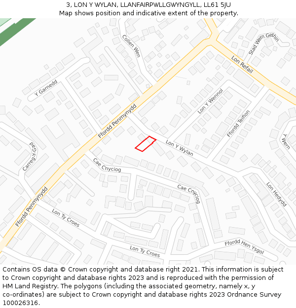 3, LON Y WYLAN, LLANFAIRPWLLGWYNGYLL, LL61 5JU: Location map and indicative extent of plot