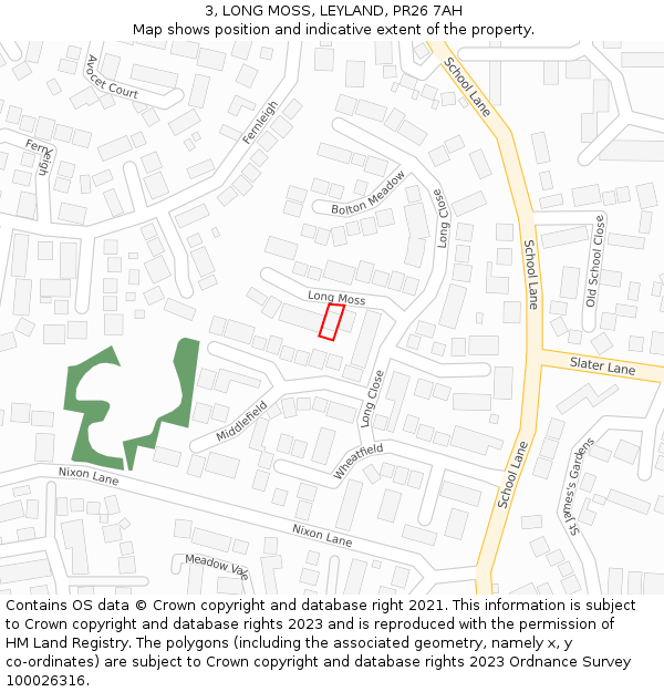 3, LONG MOSS, LEYLAND, PR26 7AH: Location map and indicative extent of plot