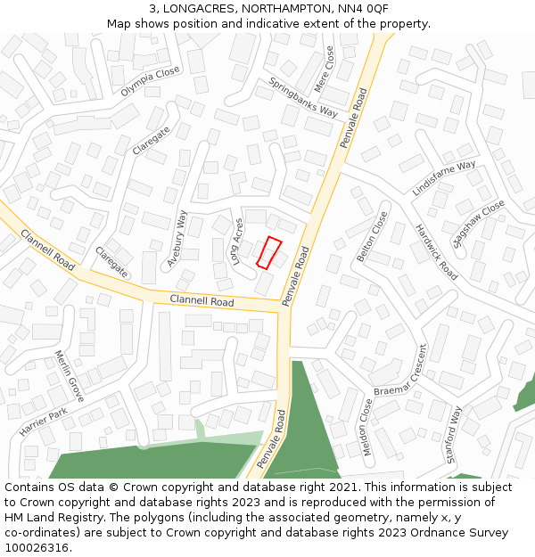 3, LONGACRES, NORTHAMPTON, NN4 0QF: Location map and indicative extent of plot