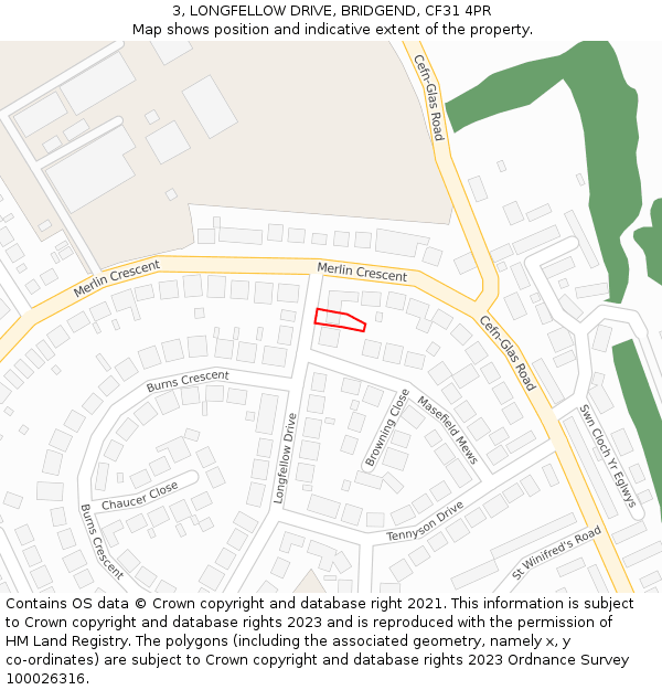 3, LONGFELLOW DRIVE, BRIDGEND, CF31 4PR: Location map and indicative extent of plot