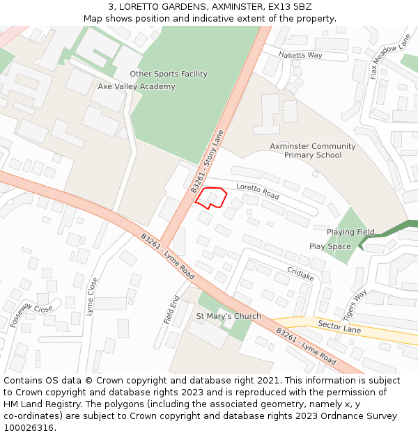 3, LORETTO GARDENS, AXMINSTER, EX13 5BZ: Location map and indicative extent of plot